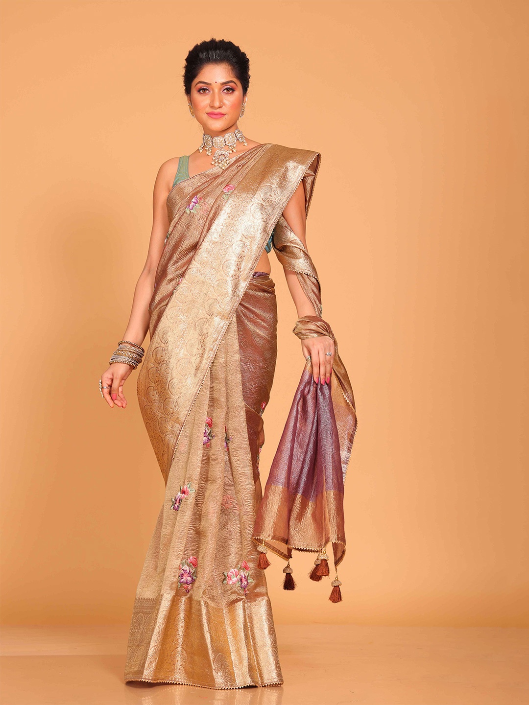 

Morchari Floral Zari Tissue Saree, Brown