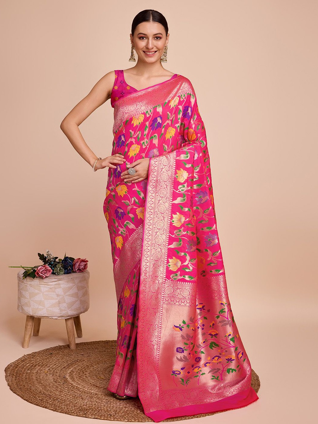 

bansari textiles Woven Design Zari Silk Cotton Paithani Saree, Pink
