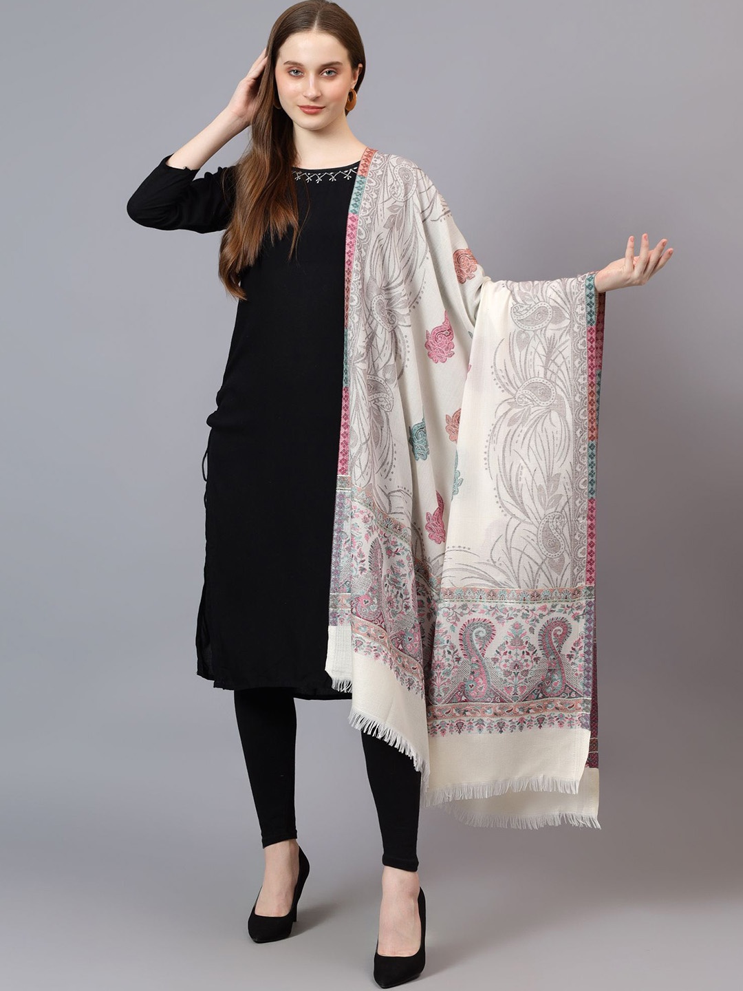 

Mizash Ethnic Motifs Printed Woollen Shawl, White