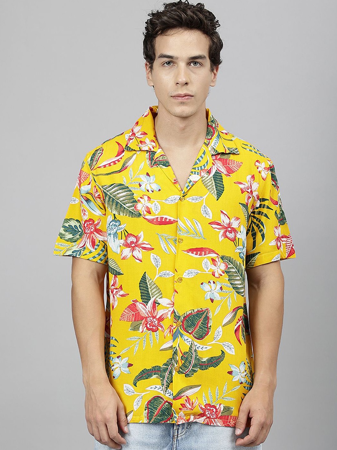 

English Navy Men Relaxed Floral Printed Casual Shirt, Yellow