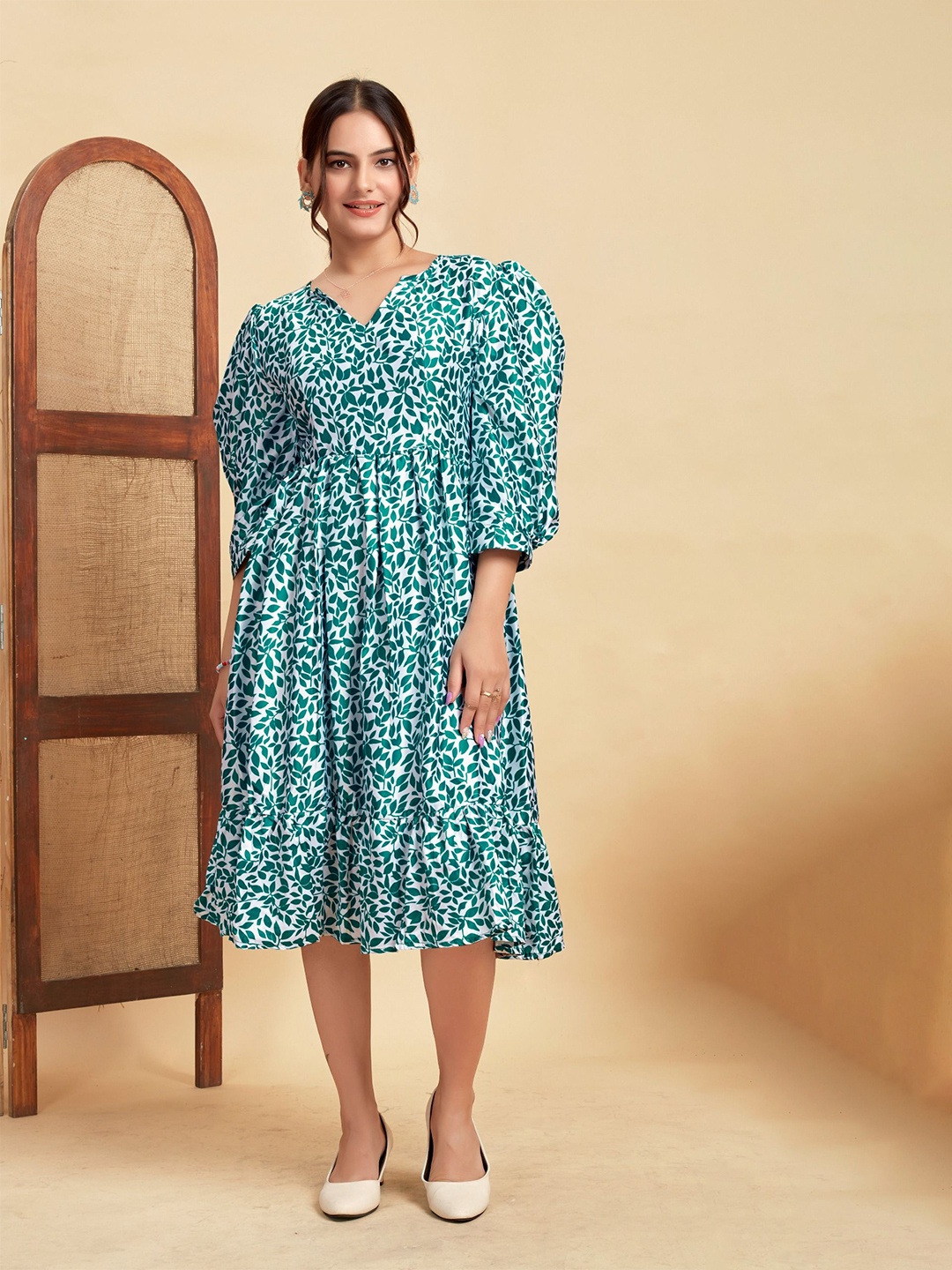 

ANAMSA Floral Printed Fit & Flare Midi Dress, Green