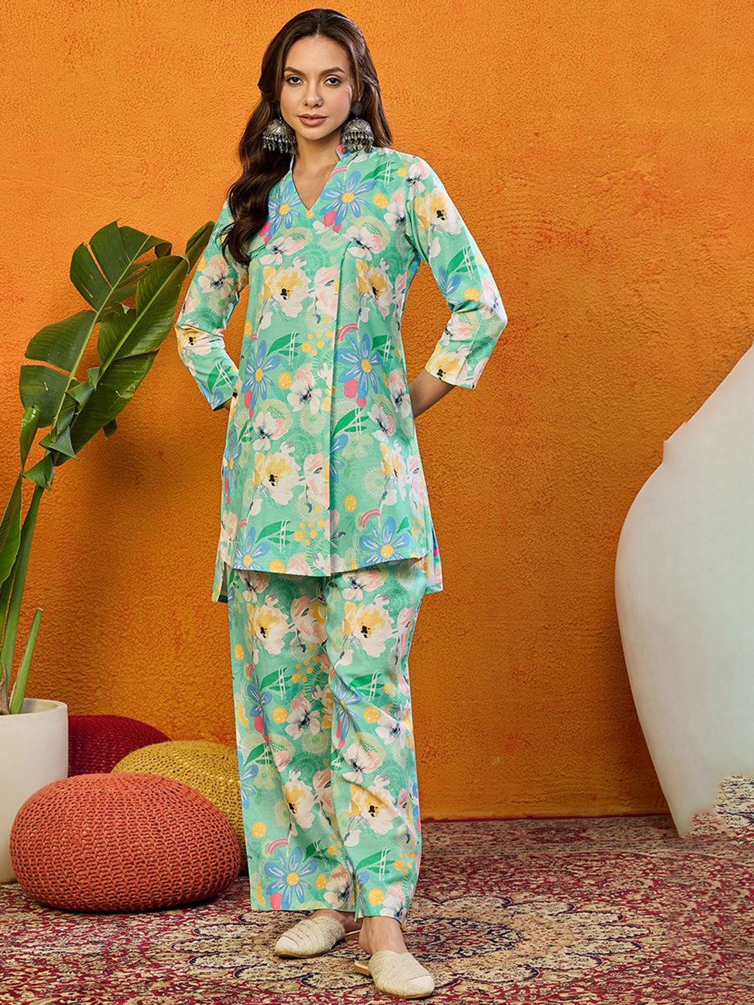 

KALINI Floral Printed V-Neck Tunic with Trousers, Green