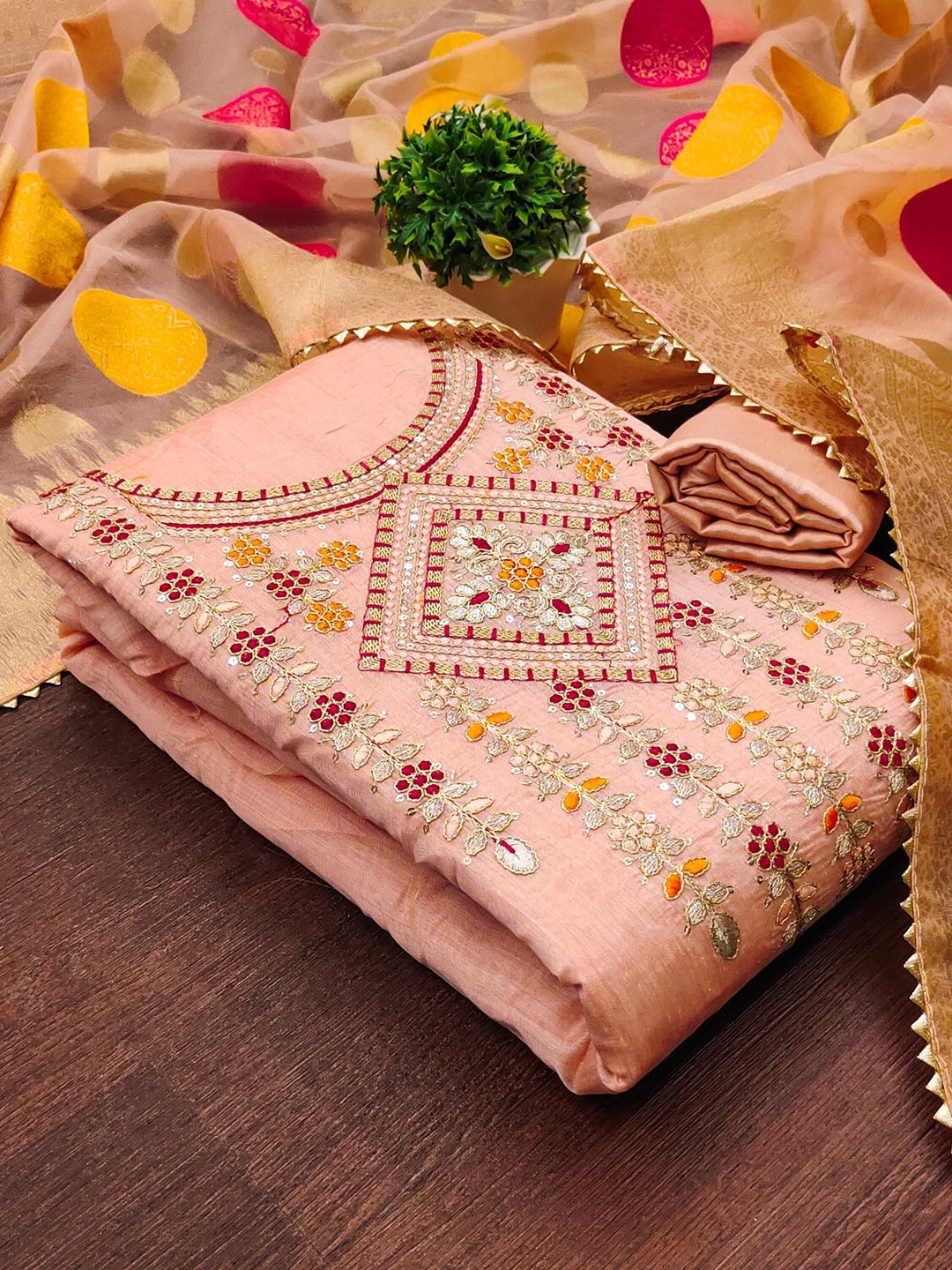 

LeeliPeeri Designer Floral Embroidered Thread Work Unstitched Dress Material, Peach