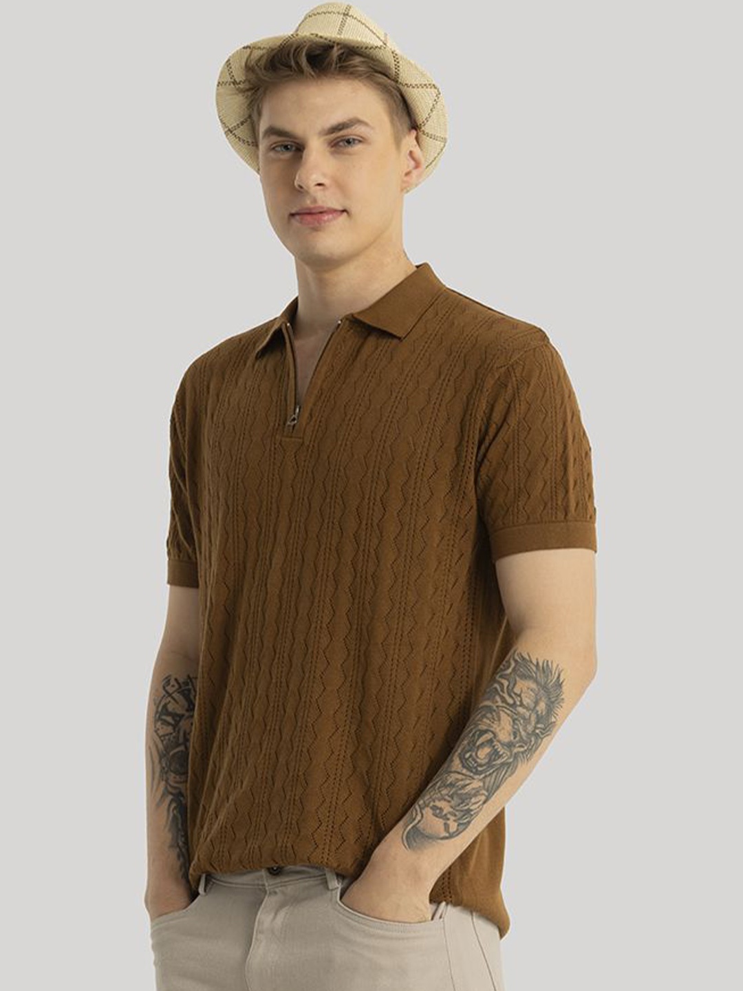 

Snitch Men Self Design Polo Collar Slim Fit T-shirt, Brown