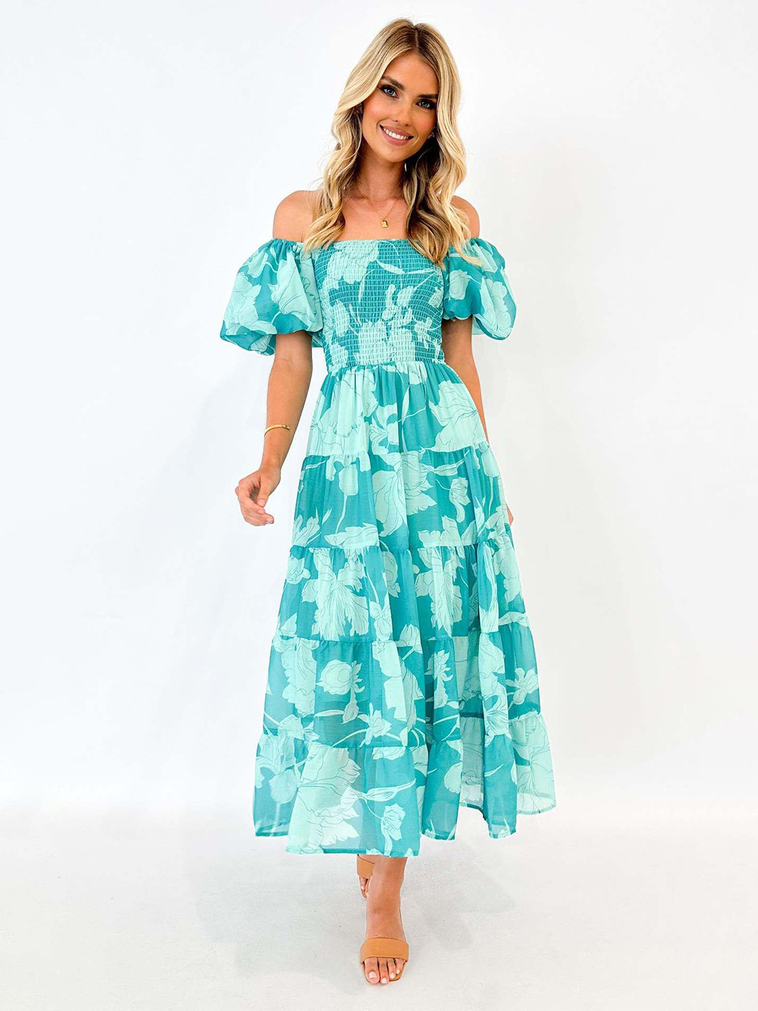 

StyleCast x Revolte Floral Printed Off-Shoulder Chiffon Fit & Flare Midi Dress, Green