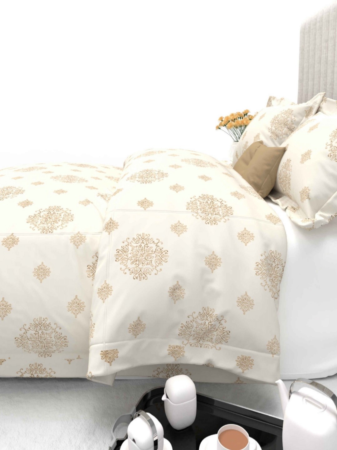 

THE WHITE MOSS Off White & Beige Ethnic Motifs 600 TC King Bedsheet with 2 Pillow Covers