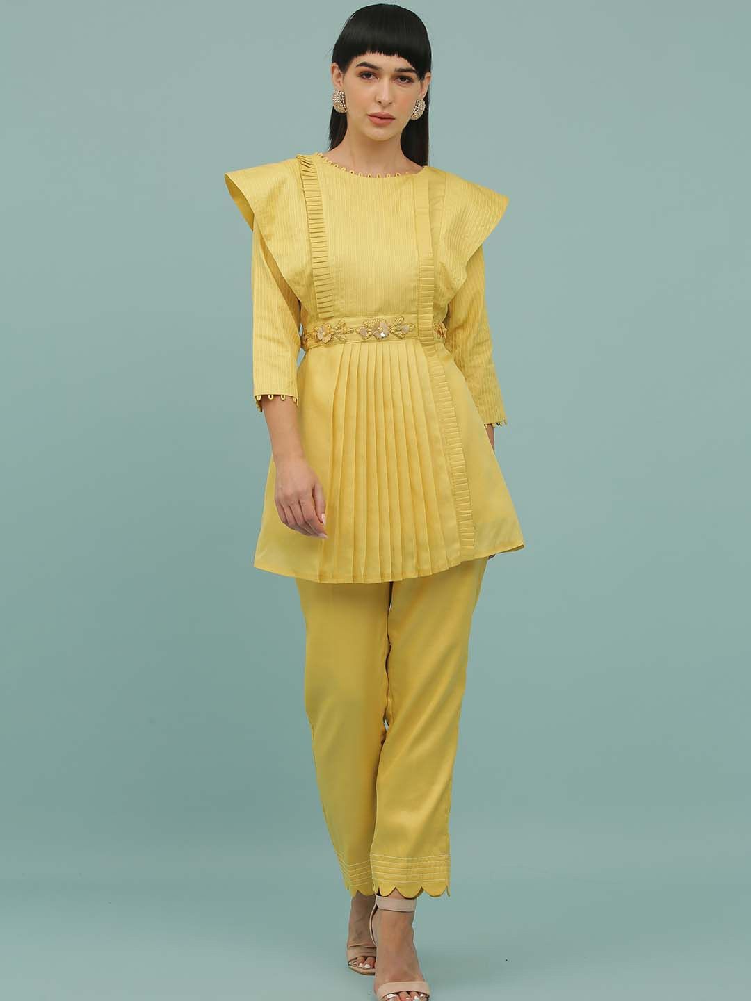 

Sejal Kamdar Self Design Embellished Pleated Party Tunic With Trousers, Yellow