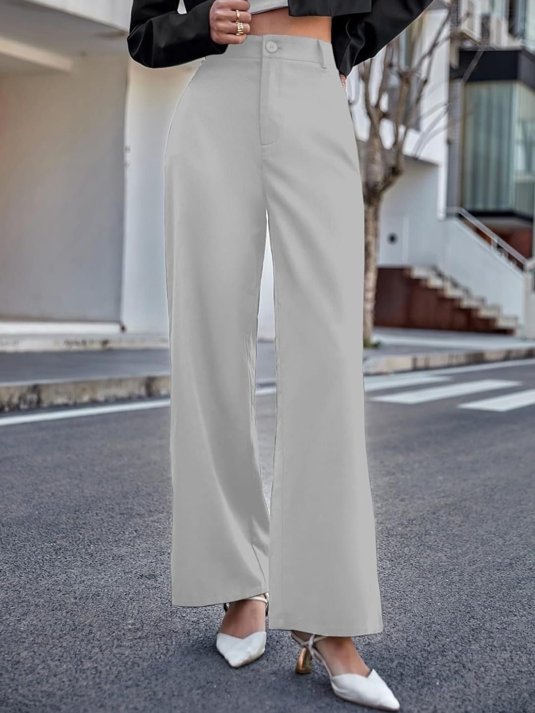 

BROADSTAR Women Smart High-Rise Easy Wash Wide Leg Trousers, Grey