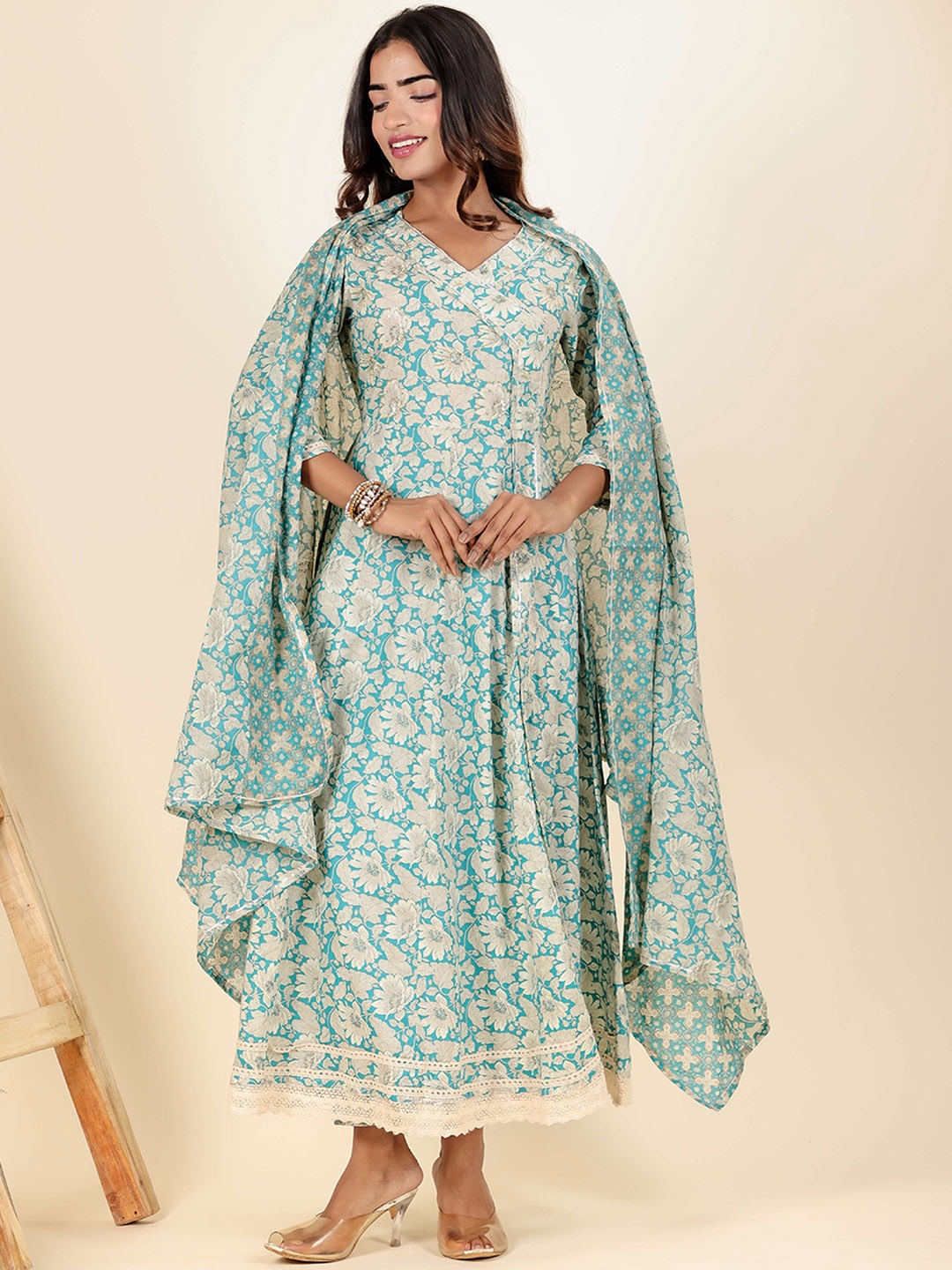 

LALI JAIPUR Floral Printed Angrakha Beads & Stones PureCotton Kurta with Trouser & Dupatta, Blue