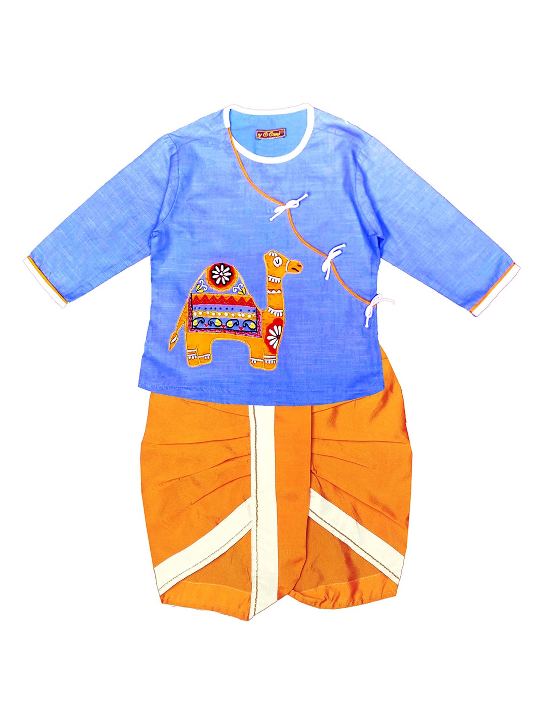 

BAESD Boys Yoomi Naughty Camel Design Thread Work Pure Cotton Straight Kurta With Dhoti, Orange