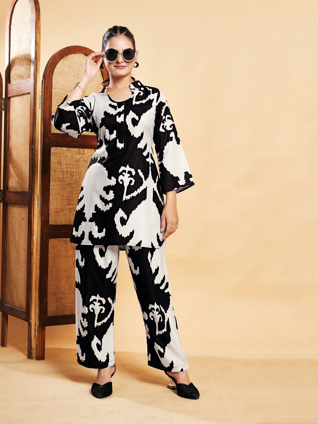 

ANAMSA Printed Tunic with Trousers, Black