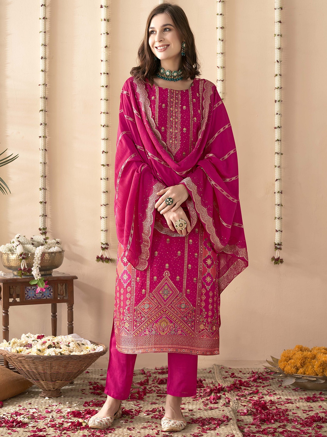 

Anouk Pink Floral Embroidered Jacquard Pure Silk Straight Kurta & Trouser & Dupatta