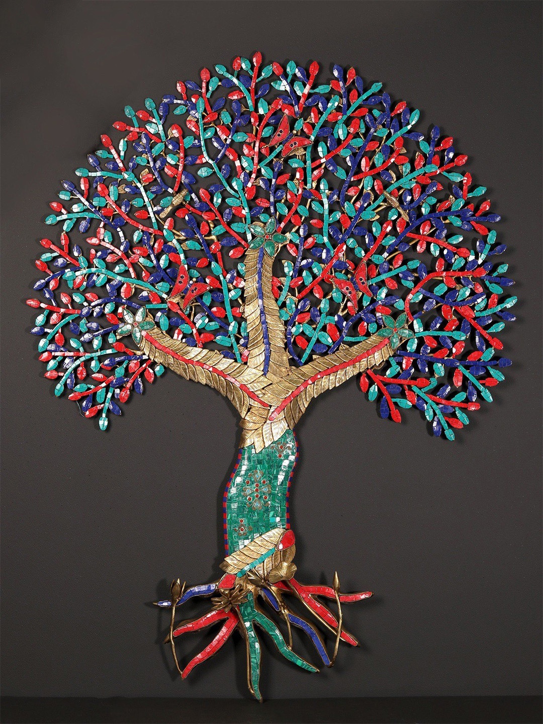 

Exotic India Green & Blue Brass Textured Tree With Inlay Wall Hanging