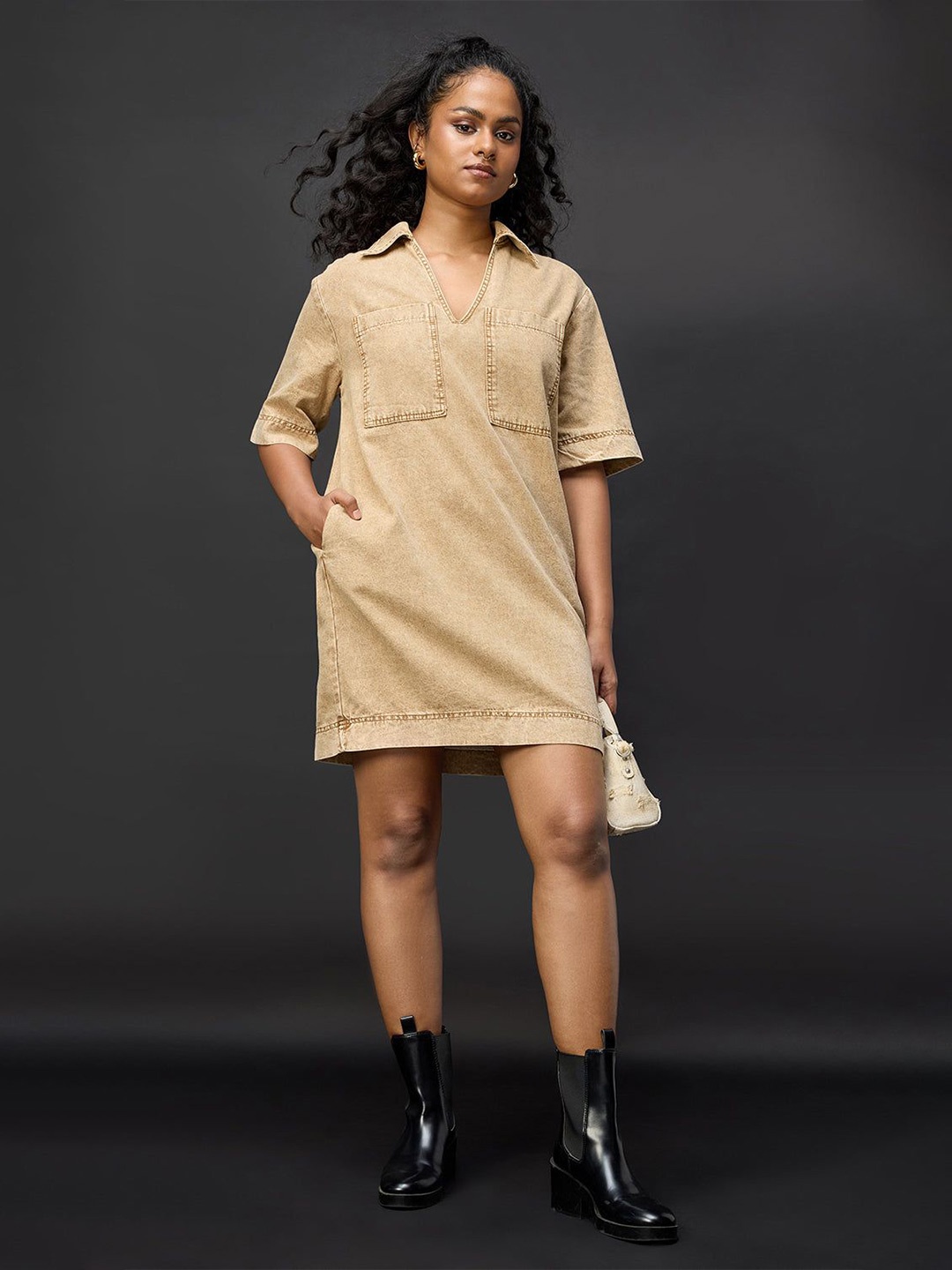 

FREAKINS Denim Boxy Shirt Dress, Beige