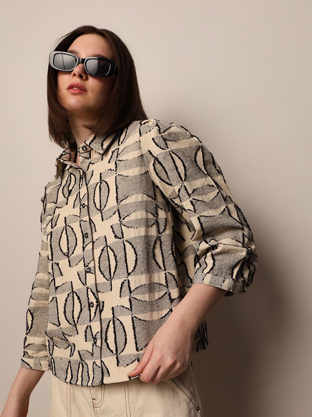 

ONLY Women Spread Collar Abstract Printed Cotton Casual Shirt, Beige