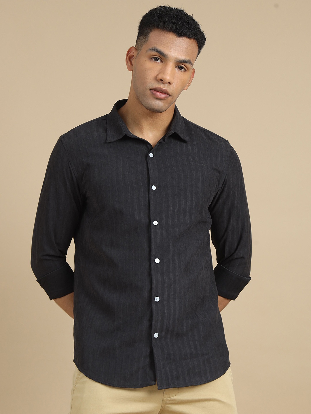 

Bushirt Men Classic Spread Collar Striped Cotton Casual Shirt, Black