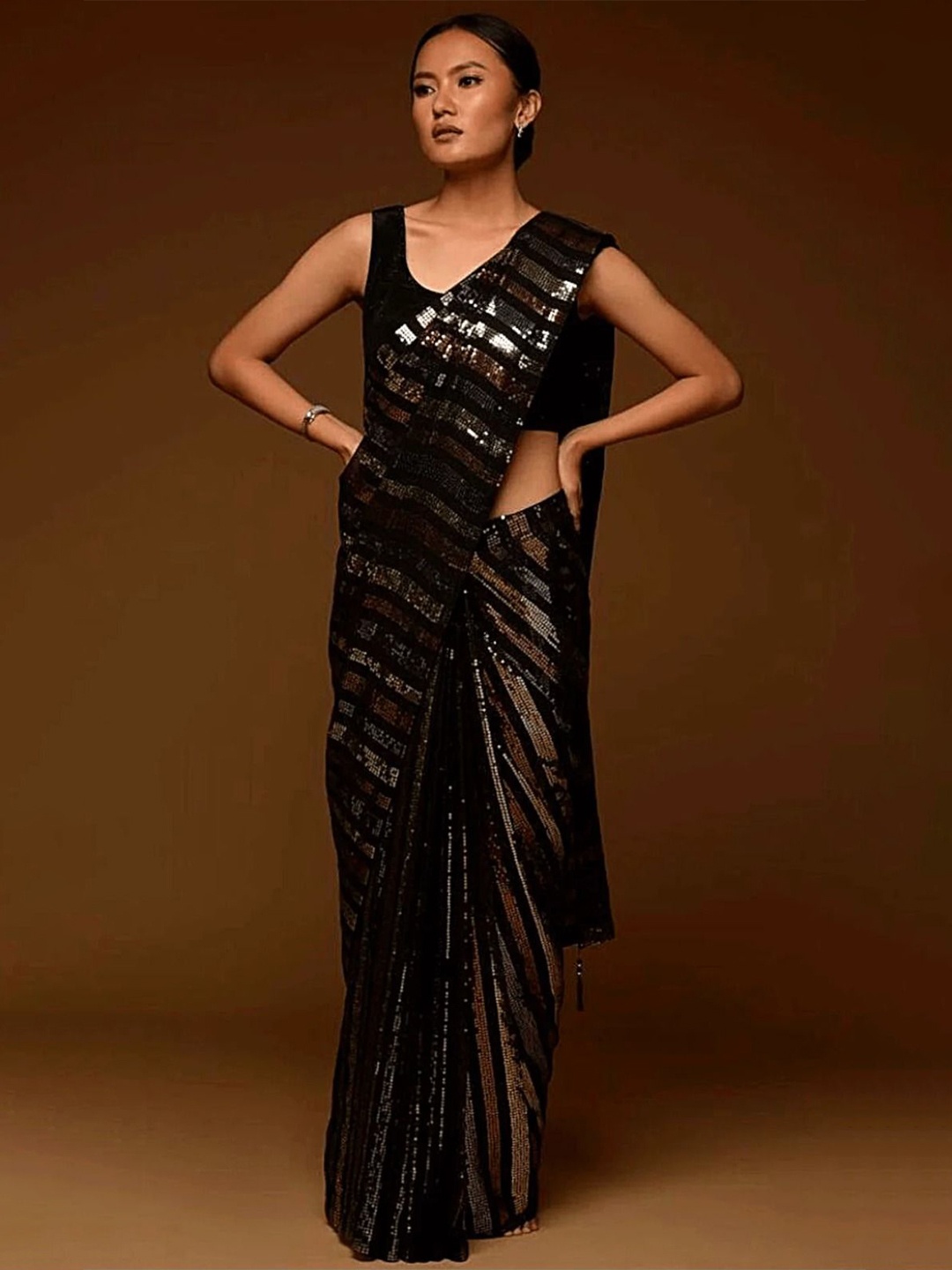 

QVAZOR Embellished Sequinned Pure Georgette Heavy Work Saree, Black