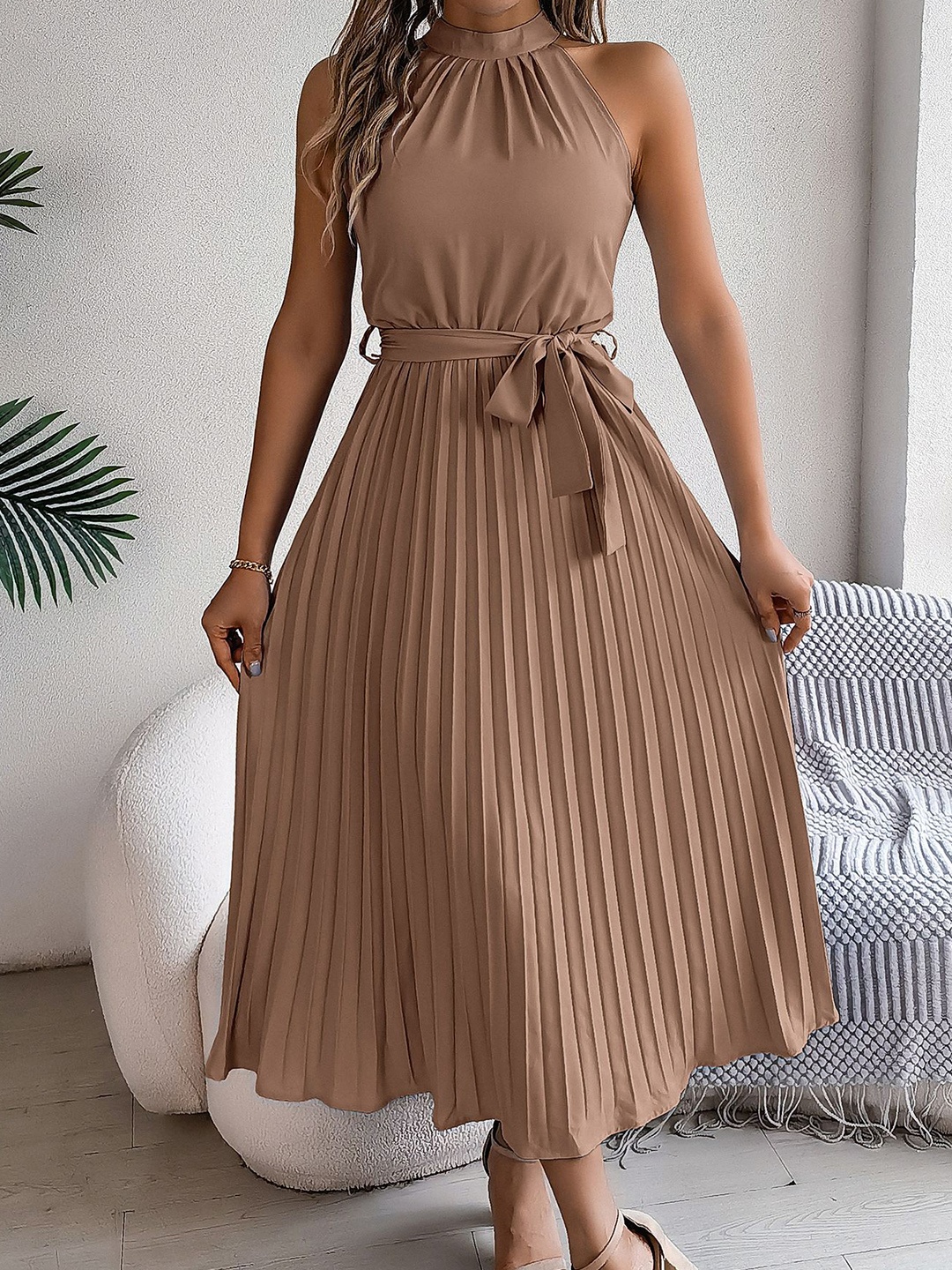 

StyleCast x Revolte Striped Chiffon Halter Neck Accordion Pleats Fit and Flare Maxi Dress, Khaki