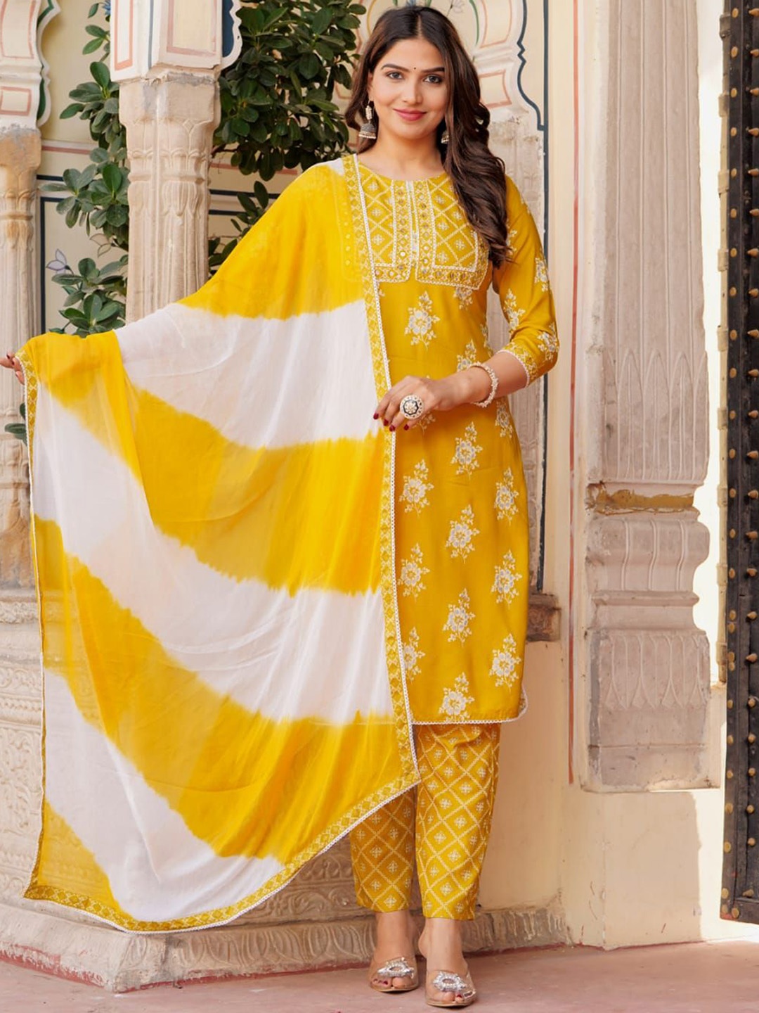 

VYKOO Ethnic Motifs Printed Regular Sequinned Kurta With Trousers & Dupatta, Yellow