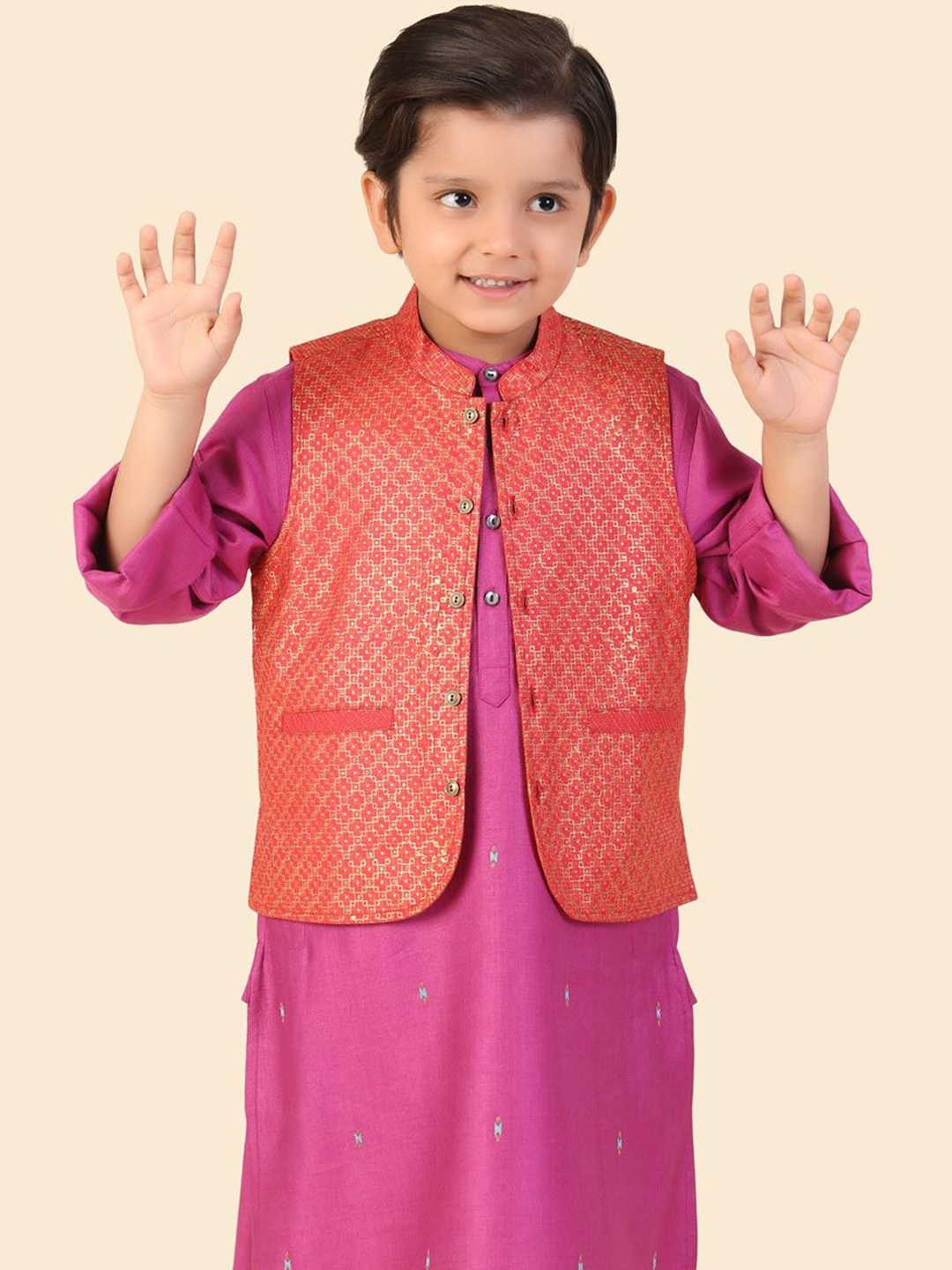 

Fabindia Boys Printed Nehru Jackets, Red