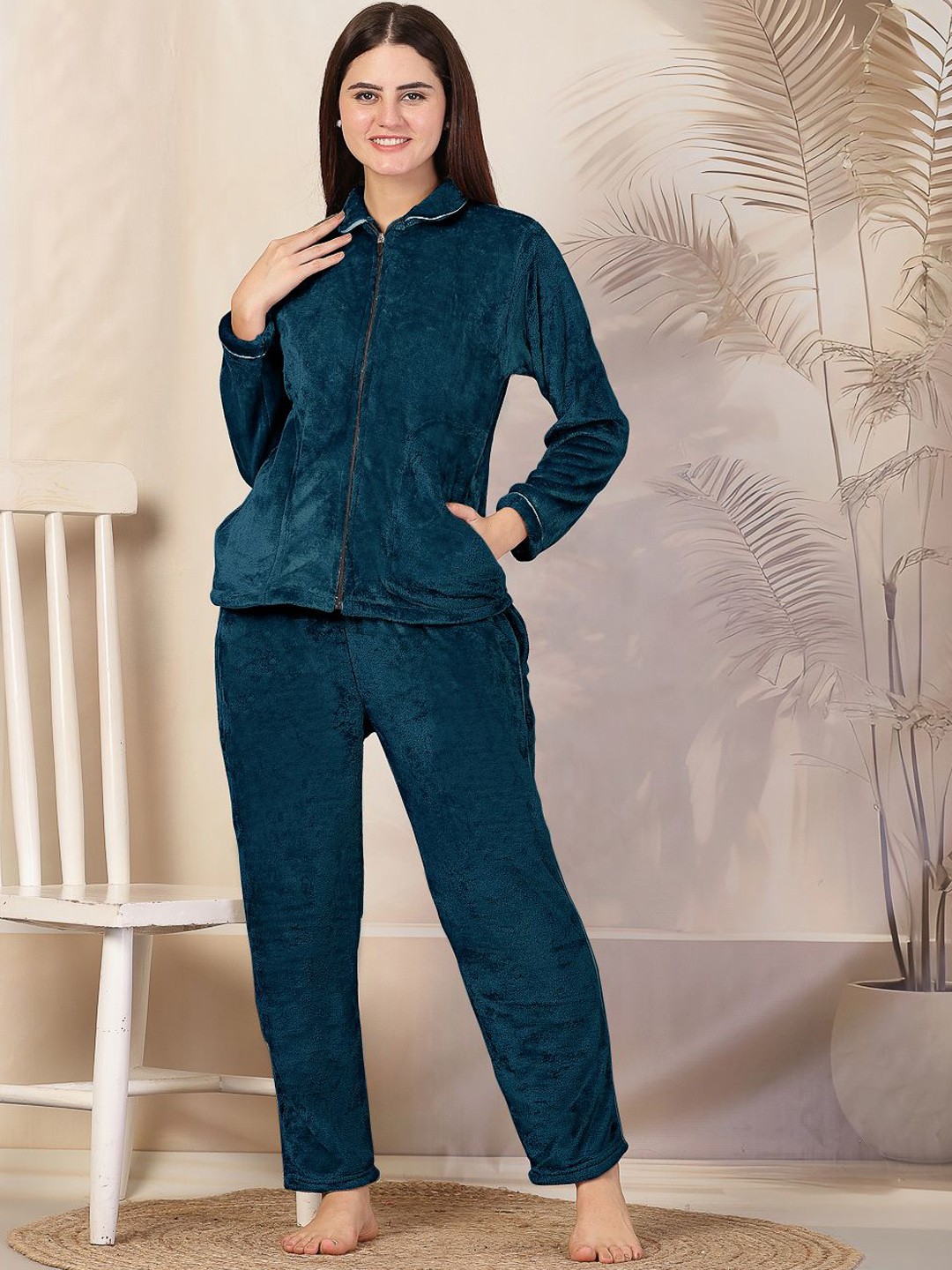 

FABINALIV Solid Shirt Collar Zip Closure Winter Night Suit, Turquoise blue