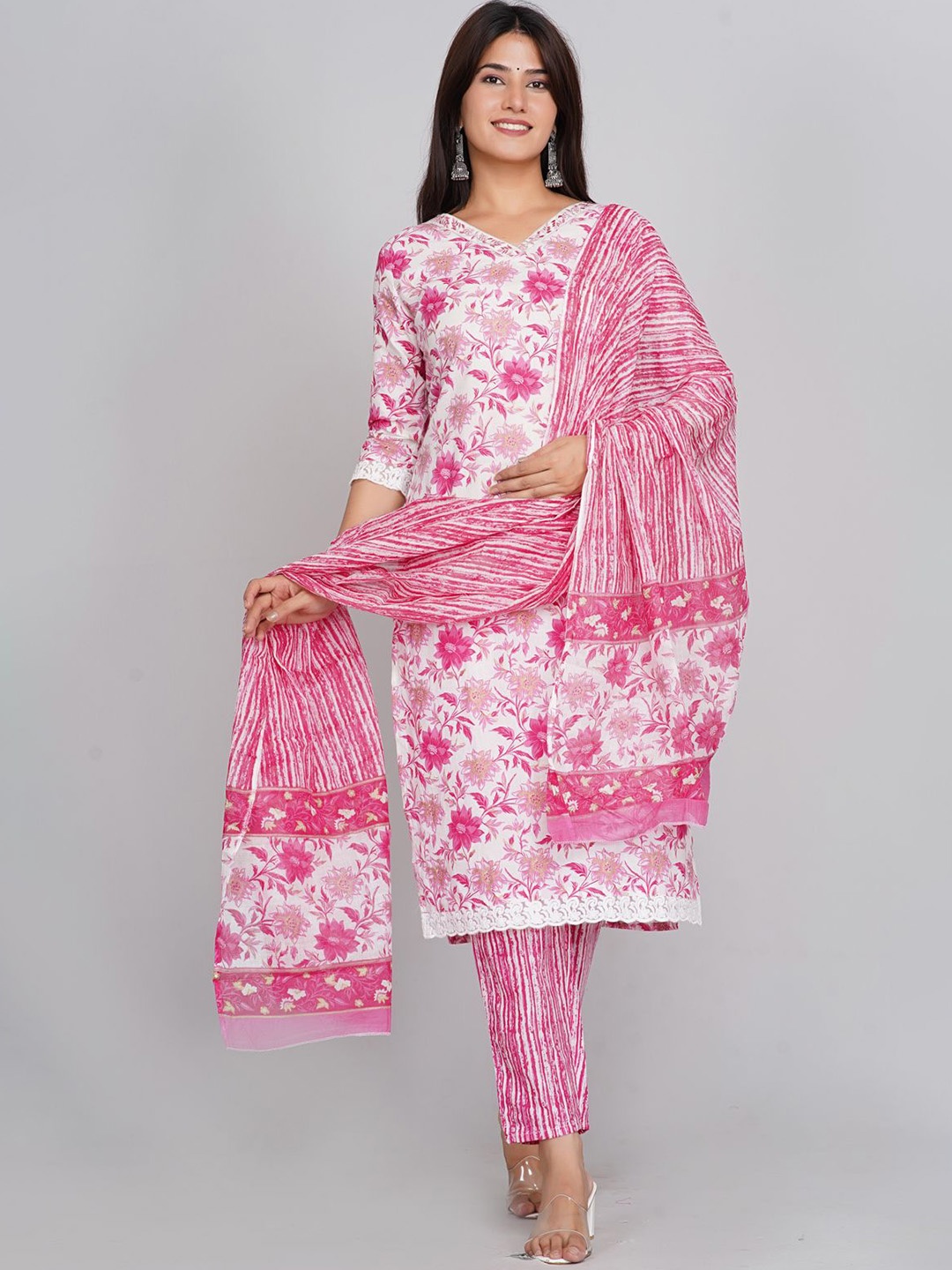 

Neemiya Floral Printed V Neck Zari Work Straight Kurta with Trousers & Dupatta, Pink