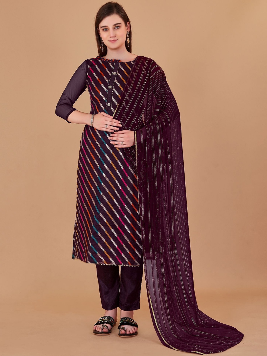 

JULEE Striped Embroidered Zari Unstitched Dress Material, Brown