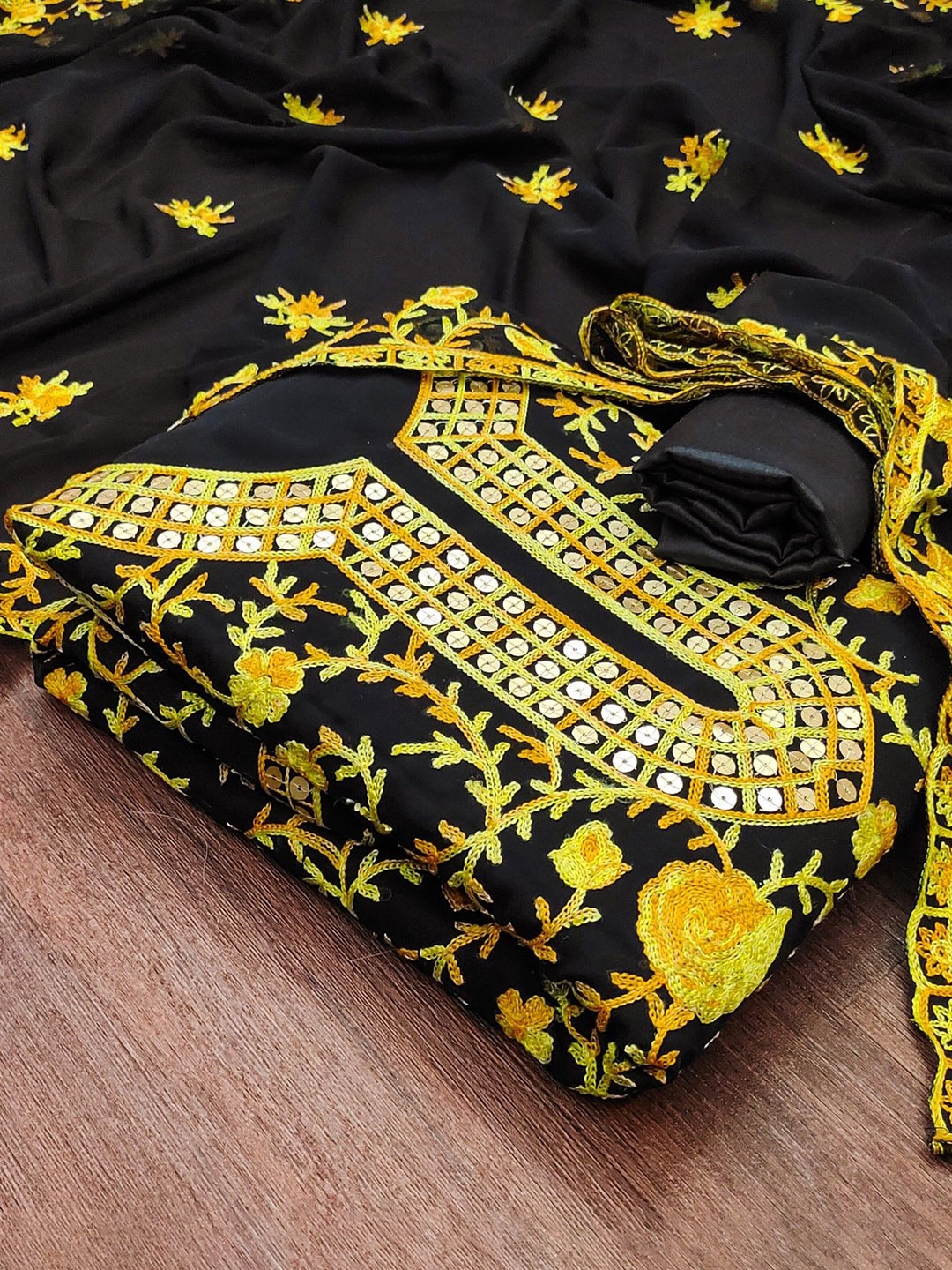 

LeeliPeeri Designer Floral Embroidered Unstitched Dress Material, Yellow