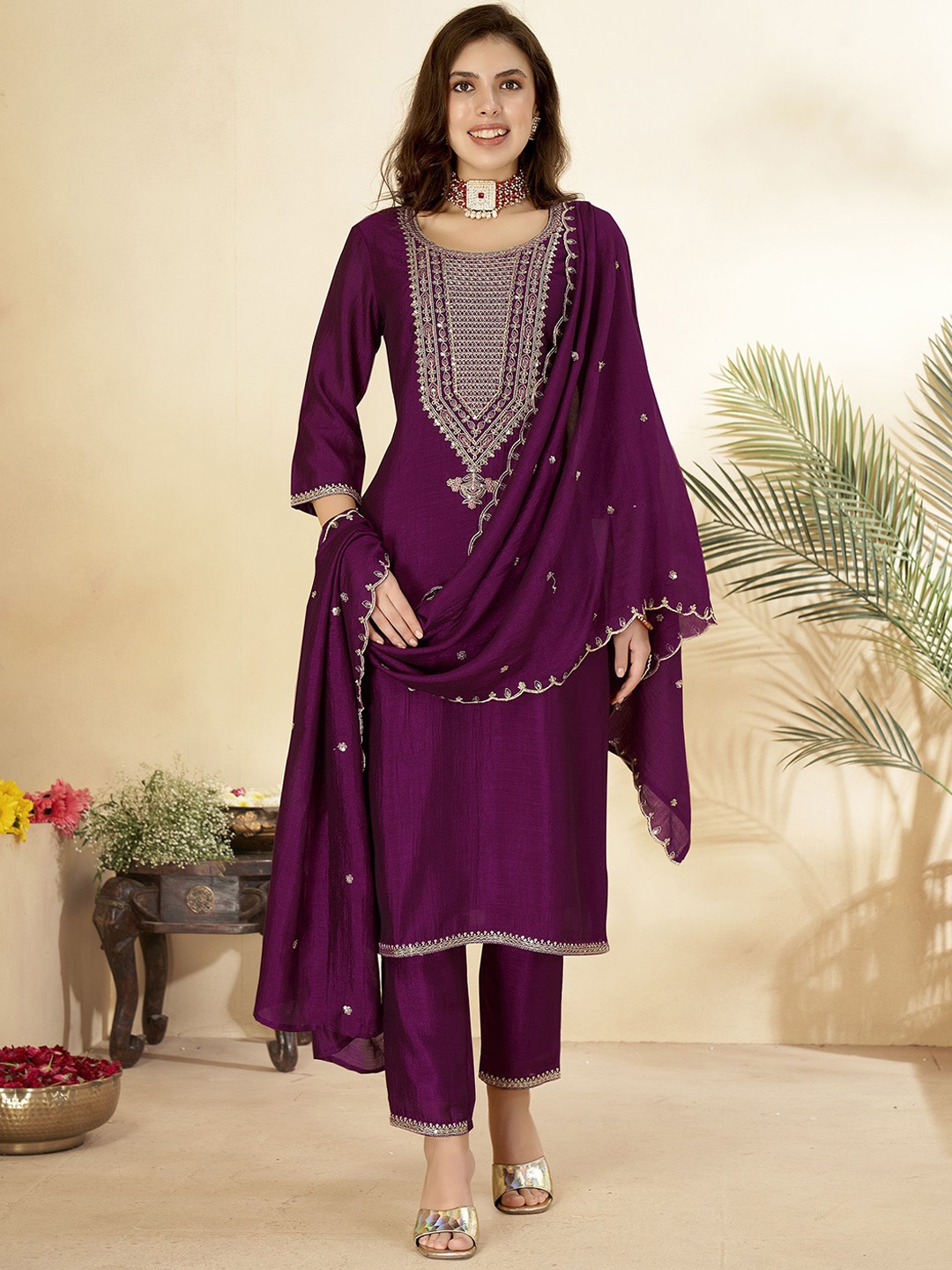 

Anouk Mauve Ethnic Motifs Embroidered Sequinned Straight Kurta With Trousers & Dupatta