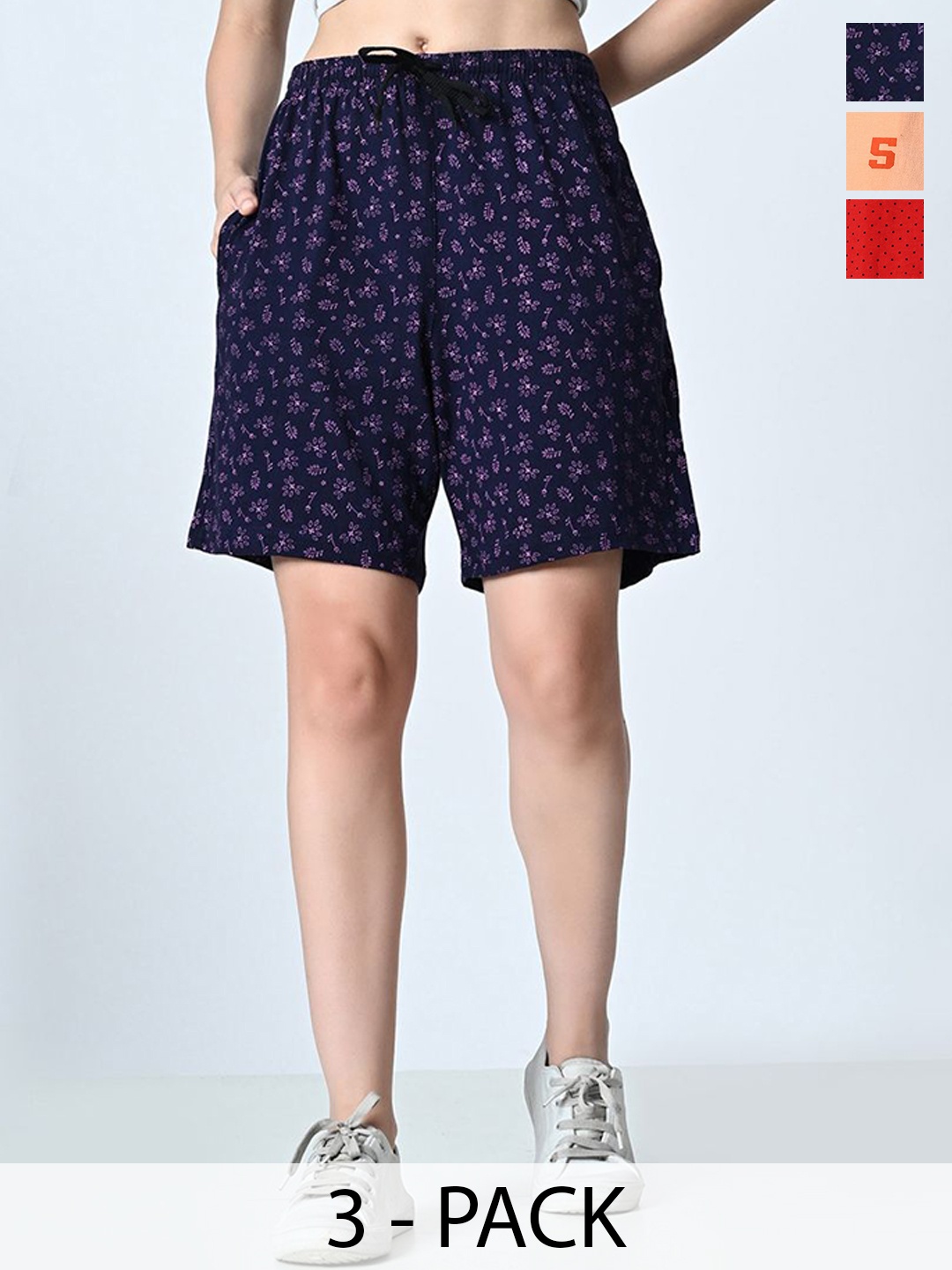 

BAESD Women Pack of 3 Printed Pure Cotton High-Rise Regular fit Shorts, Navy blue