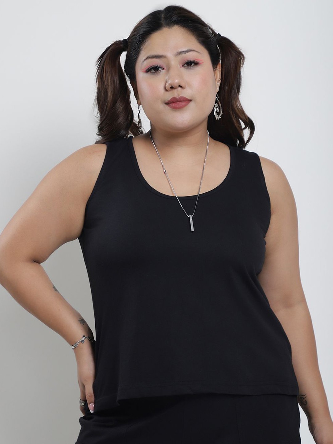 

thkgrlz Women Solid Round Neck Cotton Plus Size Top, Black