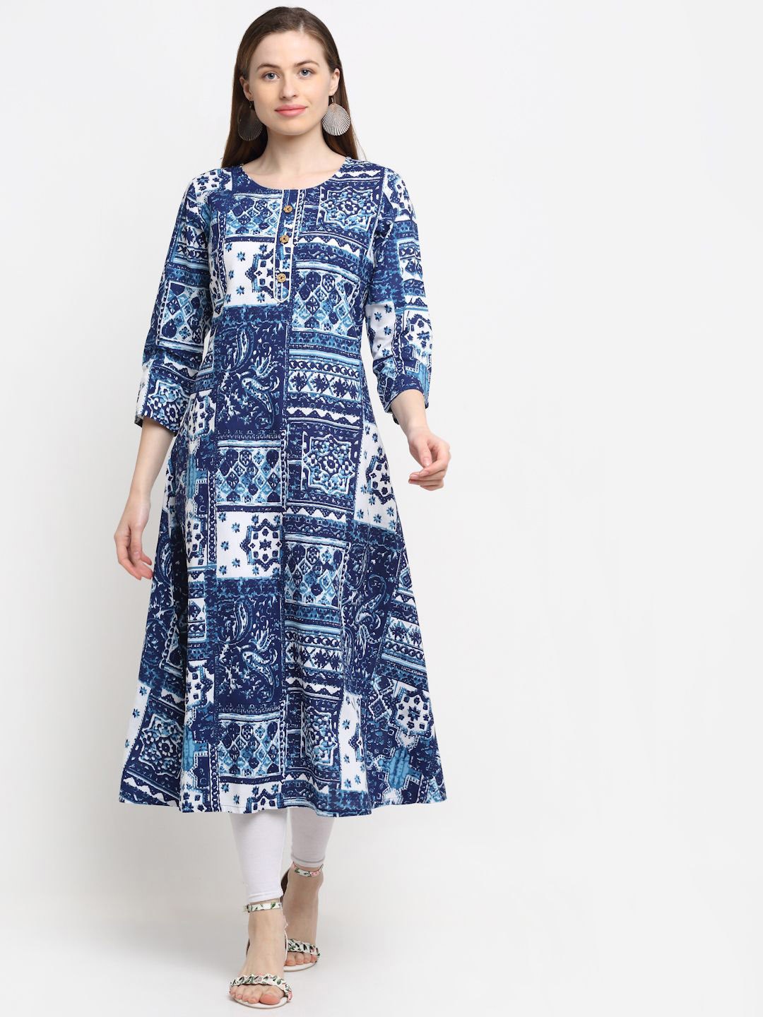 

KALINI Ethnic Motifs Printed Round Neck Cotton A-Line Kurta, Blue