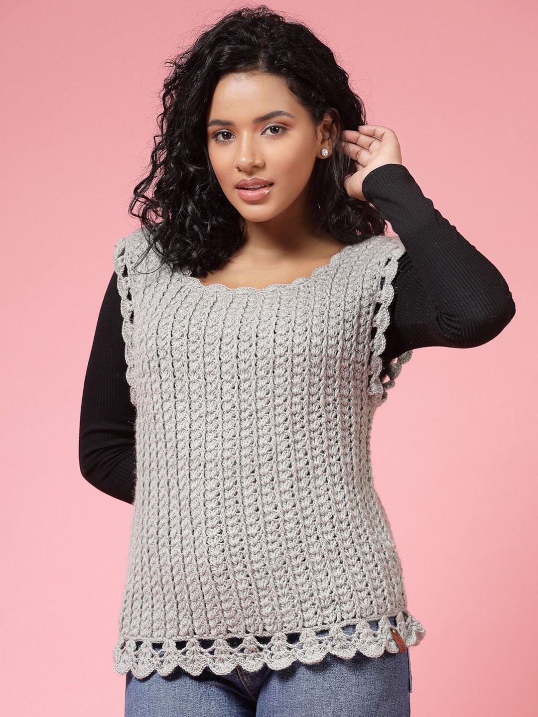 

Velvery Women Sweater Vest with Applique Detail, Grey