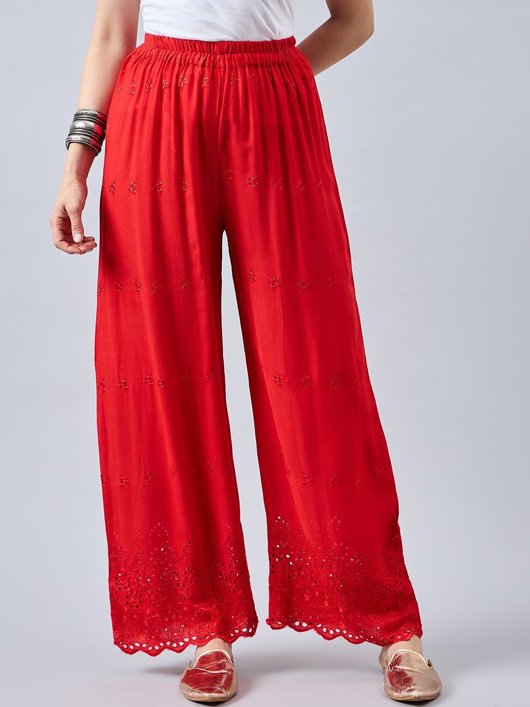 

THE PAJAMA FACTORY Women's Self Design Flared Palazzos, Red