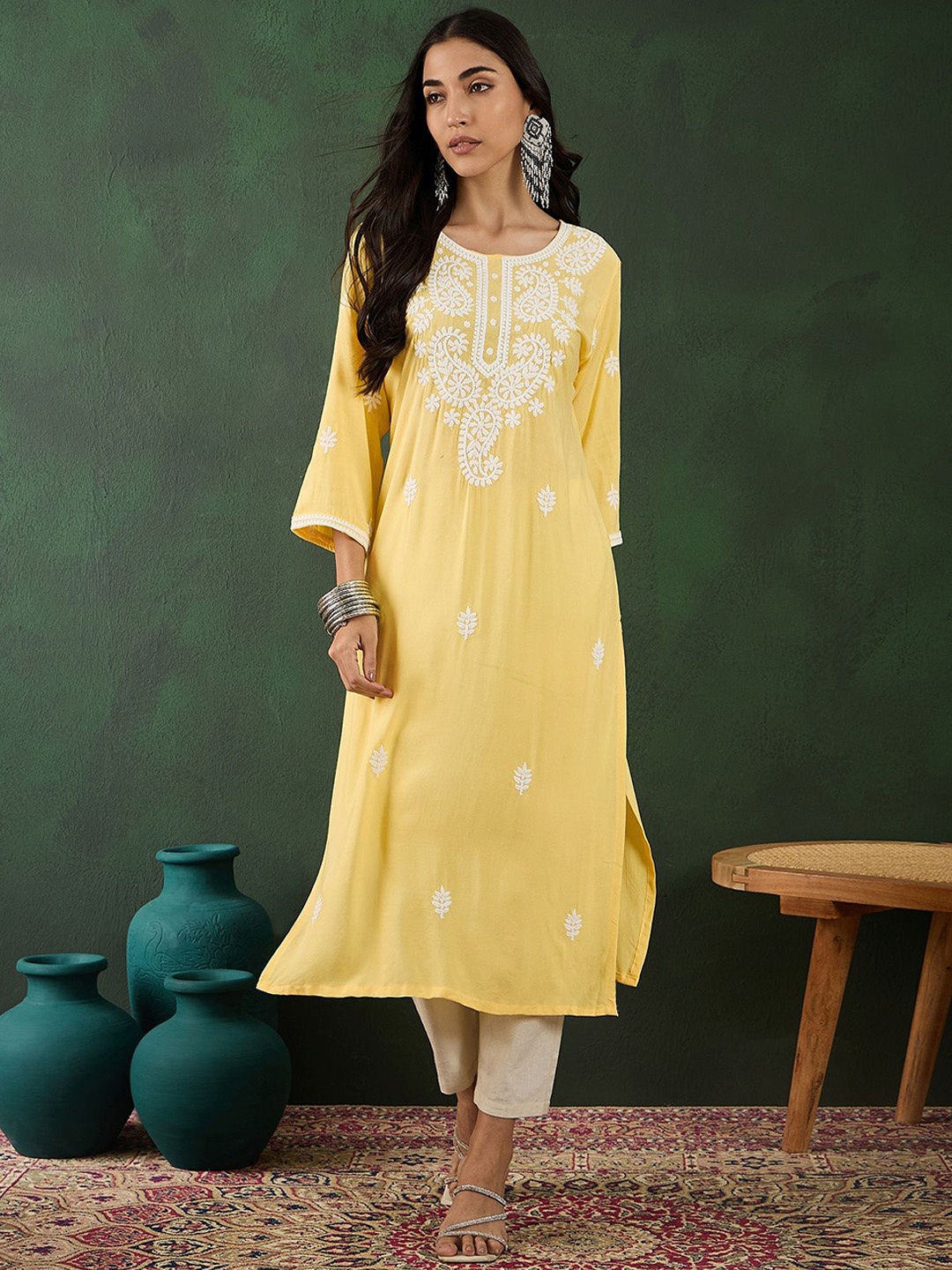 

Sangria Yellow Paisley Embroidered Chikankari Straight Kurta