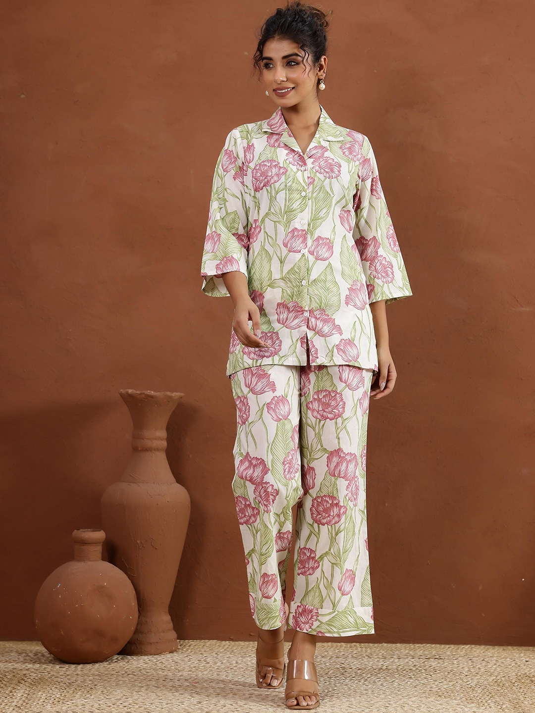 

FLAVIA CREATION Floral Printed Shirt Collar Pure Cotton Tunic & Trouser, White