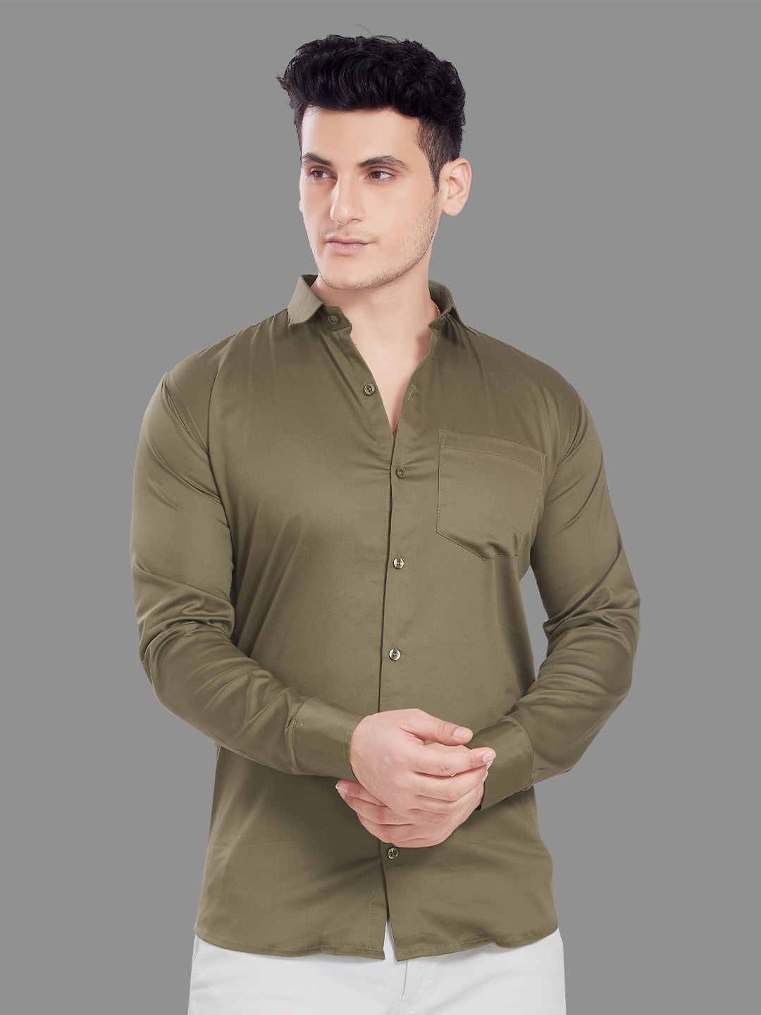 

DIVISIVE Men Spread Collar Solid Polycotton Slim Fit Casual Shirt, Khaki