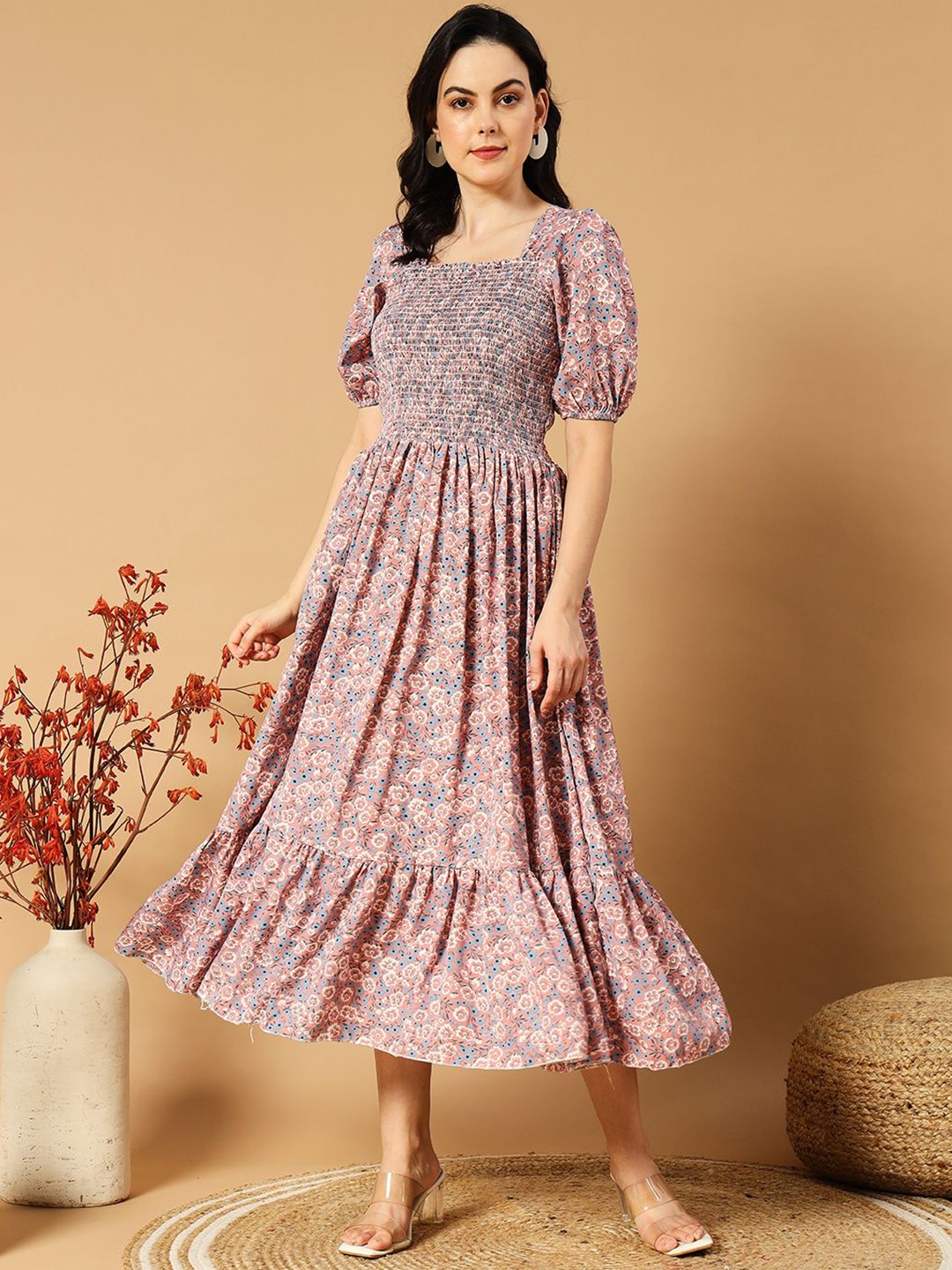 

DEKLOOK Floral Print Crepe Fit & Flare Midi Dress, Orange
