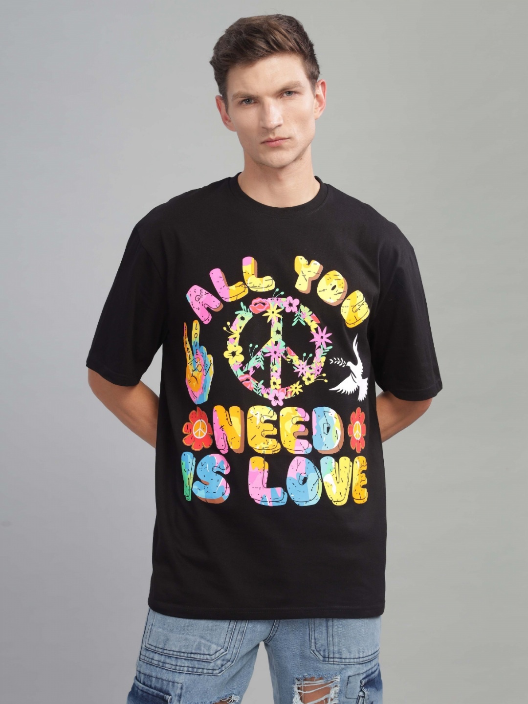 

TOMHIDDLE Men Typography Printed Round Neck Cotton Oversized T-Shirt, Black