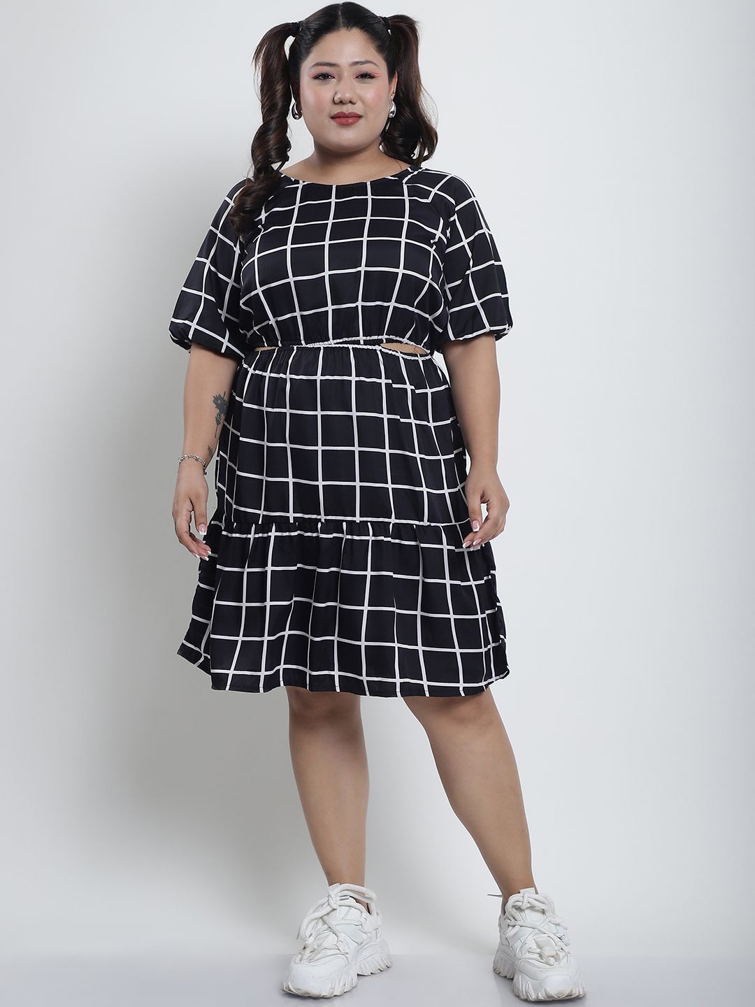 

thkgrlz Plus Size Checked Fit & Flare Dress, Black