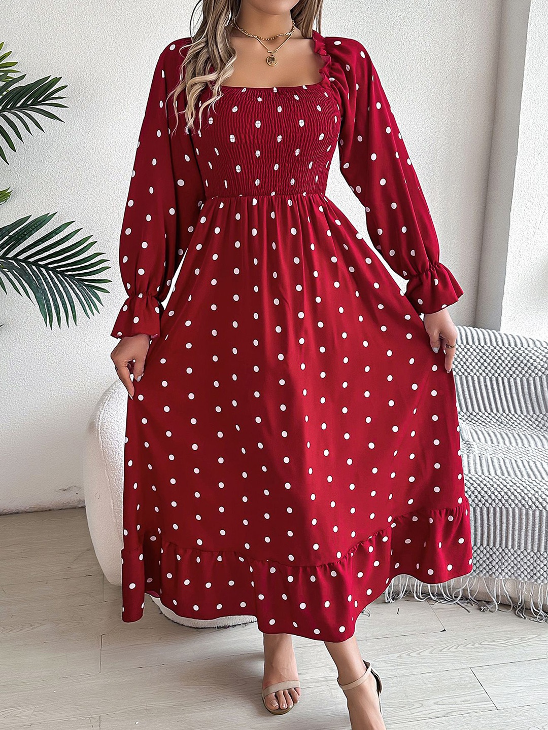 

StyleCast x Revolte Women Polka Dot Printed Square Neck Puff Sleeve Fit and Flare Dress, Red