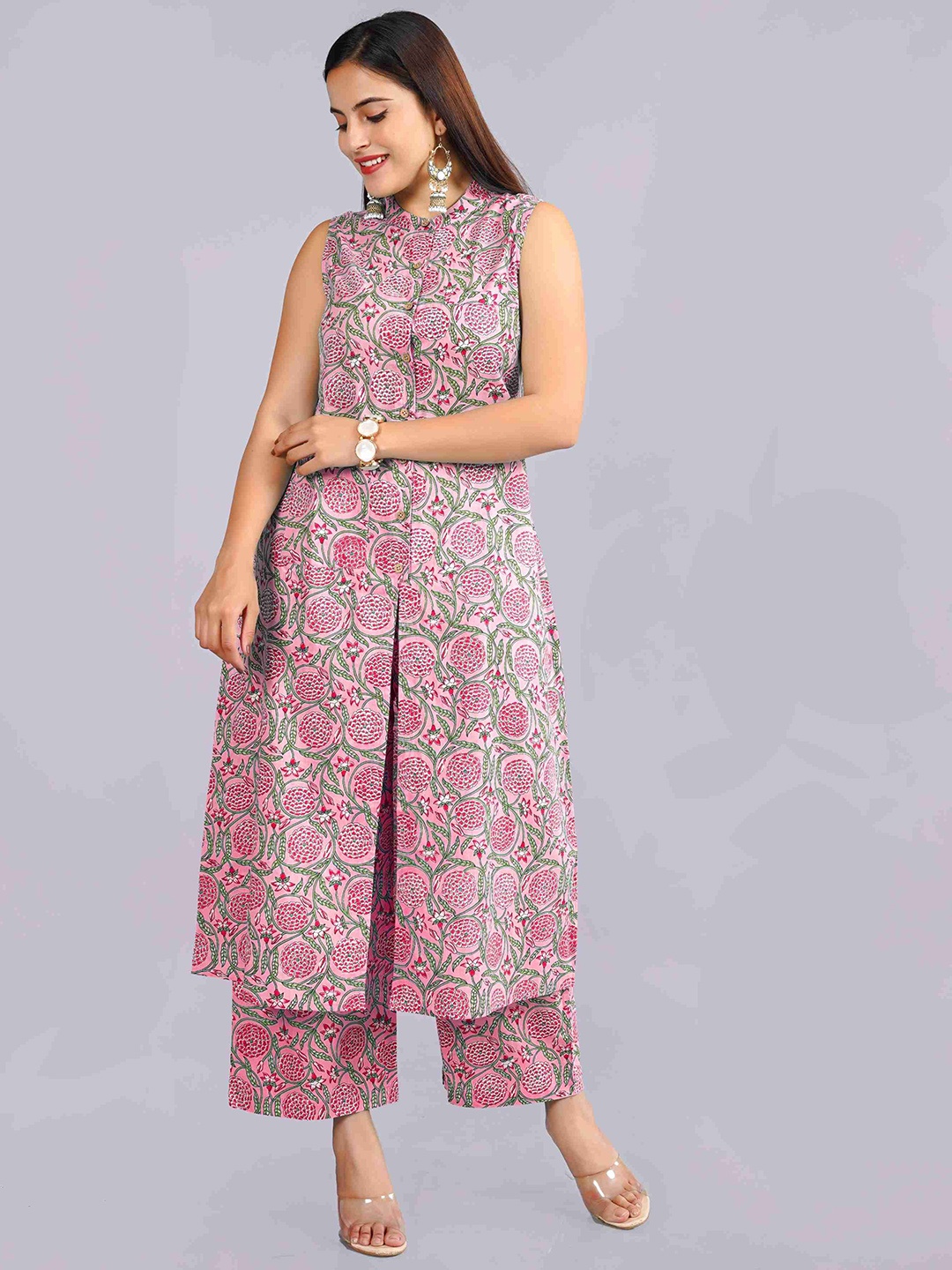

Krati Creations Floral Printed Band Collar A Line Kurta with Palazzos, Peach