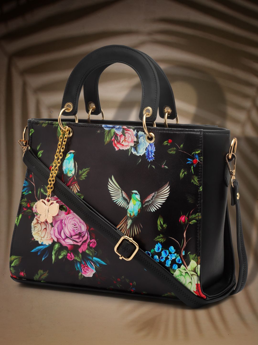 

Butterflies Floral Embellished PU Structured Handheld Bag, Black