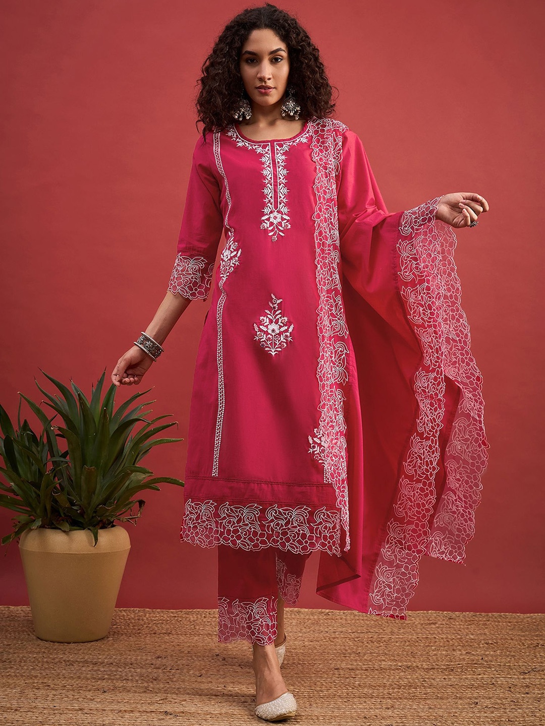 

Anouk Pink Floral Embroidered Pure Cotton Straight Kurta With Trouser & Dupatta