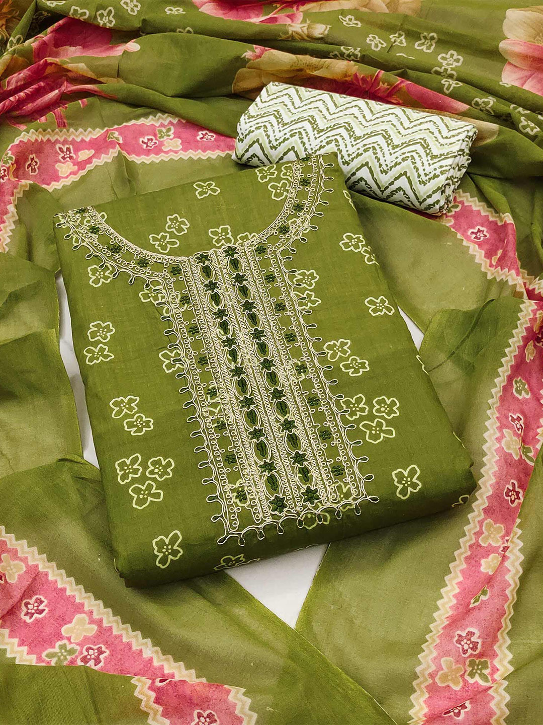 

Peachmode Floral Printed Pure Cotton Unstitched Dress Material, Green
