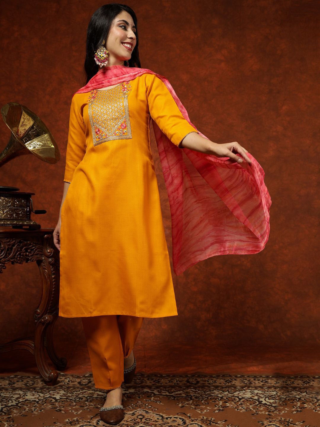 

KALINI Floral Embroidered Straight Kurta With Trousers & Dupatta, Mustard