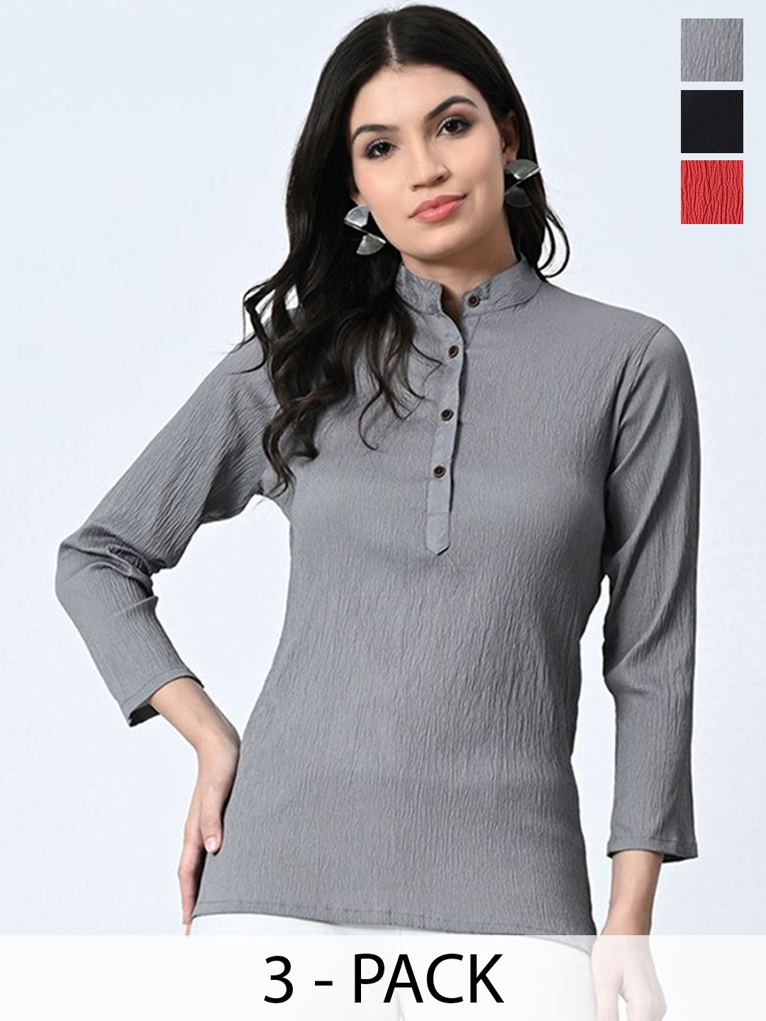 

BAESD Pack Of 3 Self Design Mandarin Collar Crepe Tops, Grey