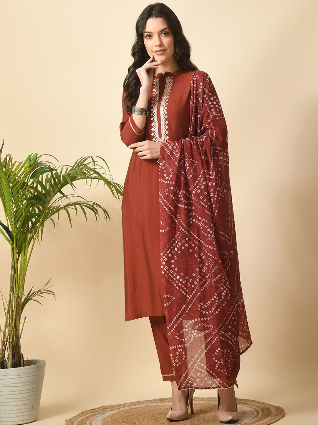 

MEESAN Ethnic Motifs Embroidered Gotta Patti Kurta with Trousers & Dupatta, Rust