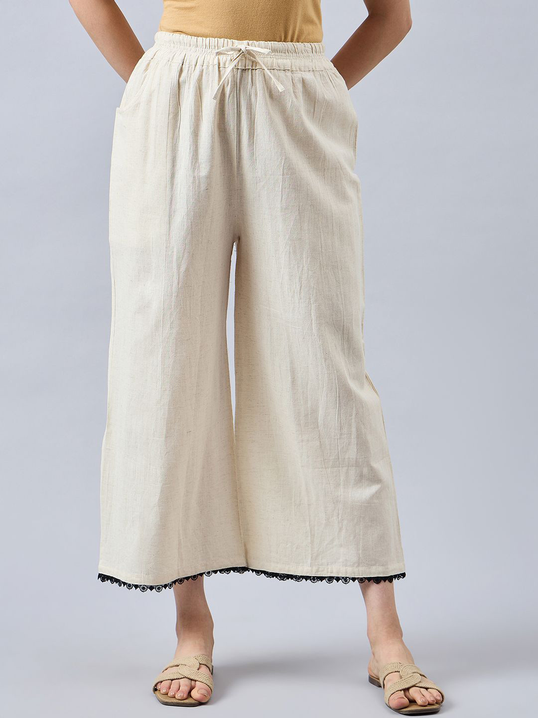 

THE PAJAMA FACTORY Women Lace Detail Ethnic Palazzos, Off white