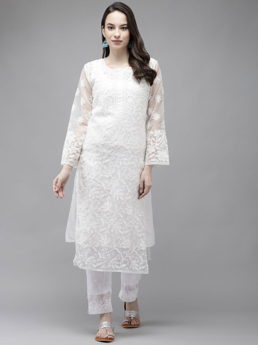 

ADA Floral Embroidered Notch Neck Lucknowi Chikankari Organza Straight Kurta With Slip, White